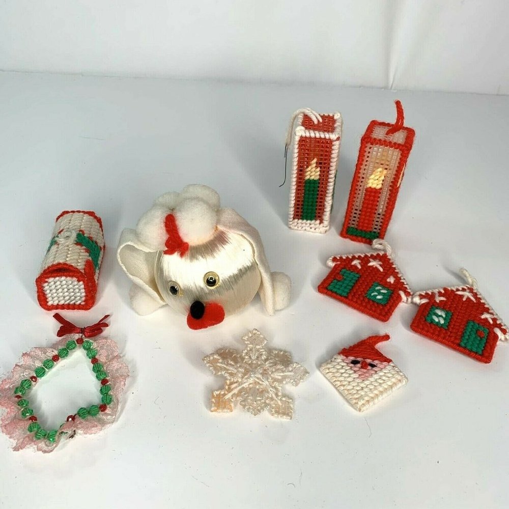 Vintage Handmade Christmas Ornaments Yarn Santa Snowflake Mailbox